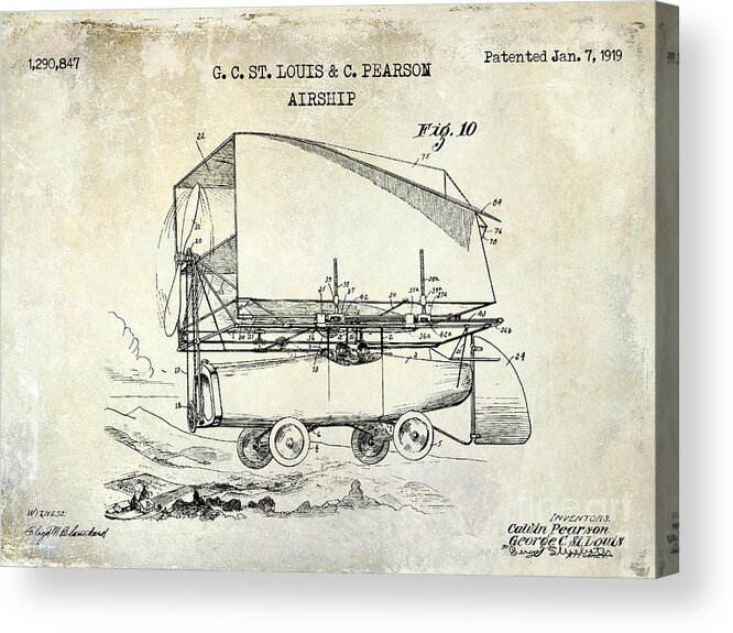 1919 Airship Patent Drawing Acrylic Print featuring the drawing 1919 Airship Patent Drawing by Jon Neidert