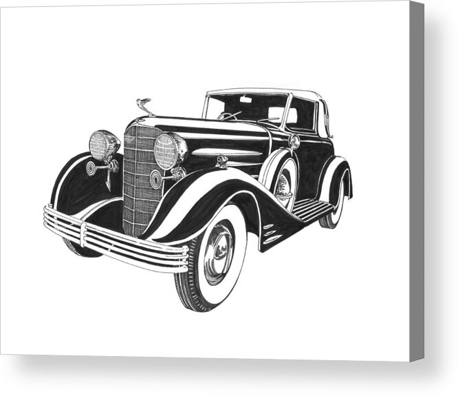 A Pen & Ink Art Drawing By Jack Pumphrey Of A 1933 Acrylic Print featuring the drawing Cadillac Victoria V 16 Convertible by Jack Pumphrey