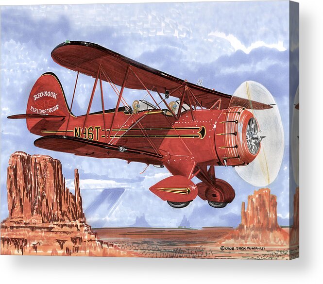 1935 Waco Bi-plane. Framed Prints Of Bi-wing Aircraft. Post Cards Of Old Airplanes. Framed Prints Of Utah Acrylic Print featuring the painting Monument Valley Bi-Plane by Jack Pumphrey