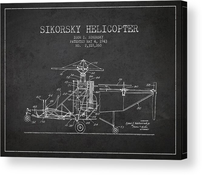 Helicopter Acrylic Print featuring the digital art Sikorsky Helicopter patent Drawing from 1943 #5 by Aged Pixel