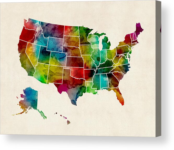 United States Map Acrylic Print featuring the digital art United States Watercolor Map by Michael Tompsett