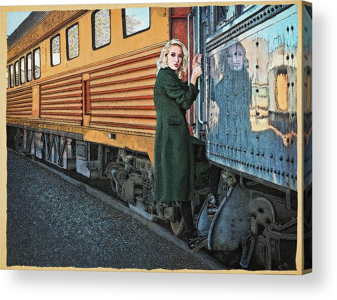 Departure Train Travel Reflection Stipple Acrylic Print featuring the drawing A Departure by Meg Shearer