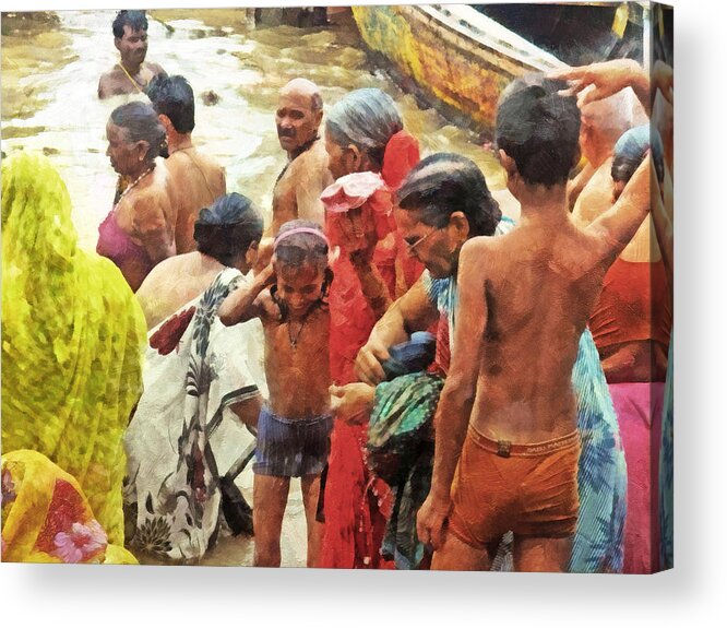 Landscape Acrylic Print featuring the digital art A Family Bathing in the Ganges River by Digital Photographic Arts