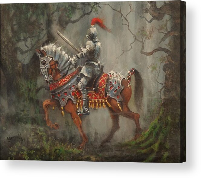Knight On Horseback Acrylic Print featuring the painting A Knight in Shining Armor by Tom Shropshire