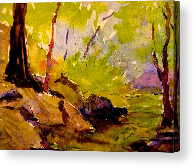 Trees Acrylic Print featuring the painting Abstract Creek in Woods by Gretchen Allen