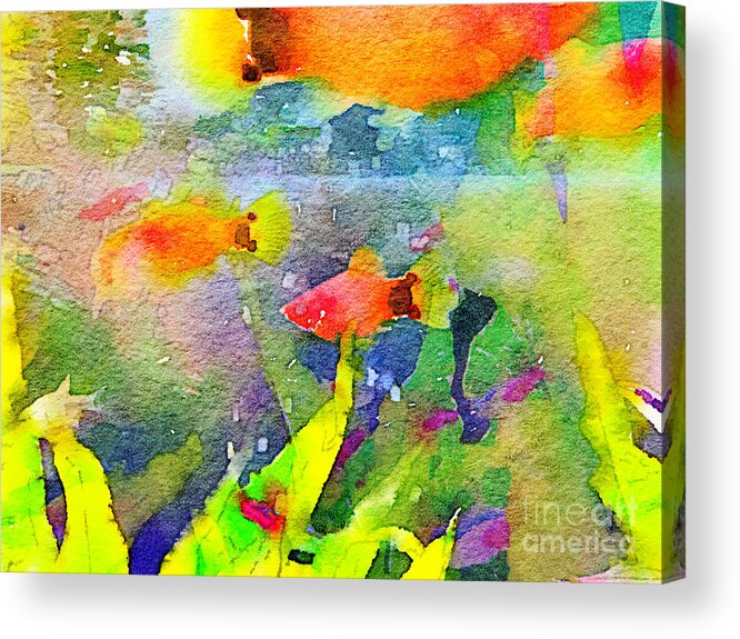 Abstract Acrylic Print featuring the painting Abstract Goldfish Fish Bowl Aquarium Watercolor 1 by Beverly Claire Kaiya
