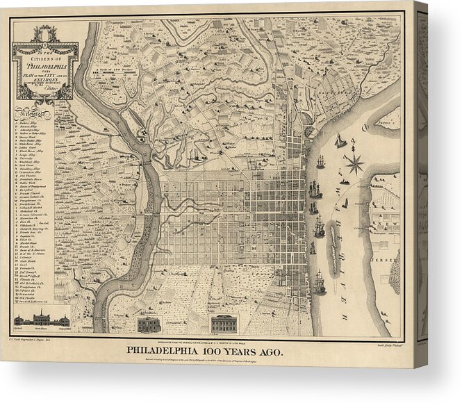Philadelphia Acrylic Print featuring the drawing Antique Map of Philadelphia by P. C. Varte - 1875 by Blue Monocle