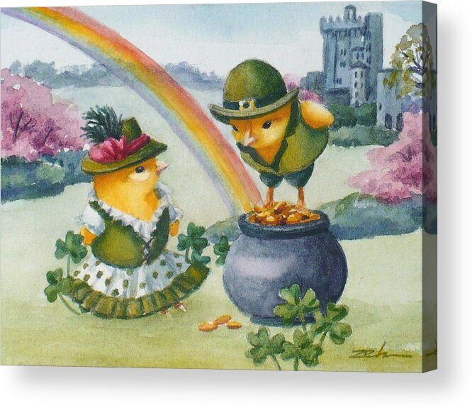 Ferdinand And Nina Acrylic Print featuring the painting Baby Chicks in Ireland at Blarney Castle by Janet Zeh