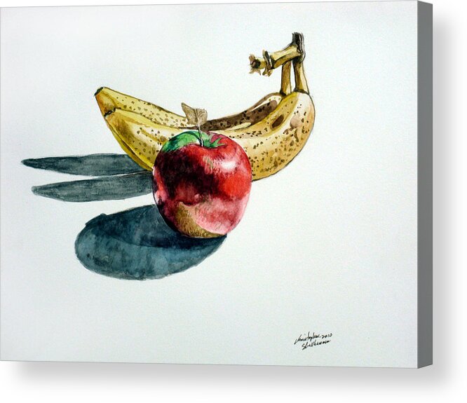 Banana Acrylic Print featuring the painting Bananas and an Apple by Christopher Shellhammer