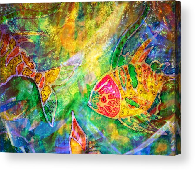 Fish Acrylic Print featuring the painting Batik Fishes - Swimming by Marie Jamieson