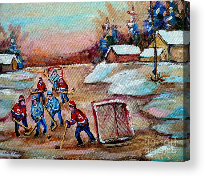 Pond Hockey Acrylic Print featuring the painting Beautiful Day-pond Hockey-hockey Game-canadian Landscape-winter Scenes-carole Spandau by Carole Spandau