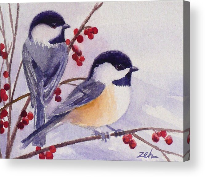 Birds Acrylic Print featuring the painting Black-capped Chickadees by Janet Zeh