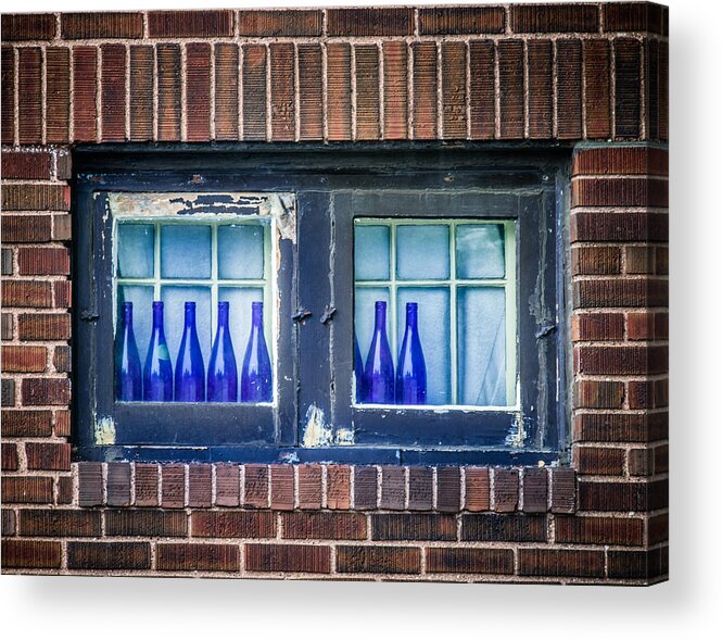 Bottles Acrylic Print featuring the photograph Blue Bottles In A Window by Paul Freidlund