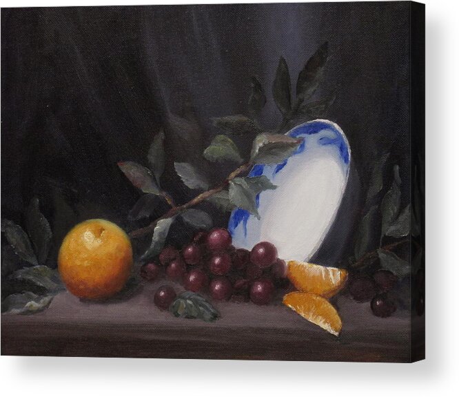 Sill Life Acrylic Print featuring the pyrography Bowl with Orange and Grapes by Ellen Ebert