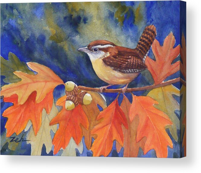 Bird In Tree Acrylic Print featuring the painting Carolina Wren in Autumn by Janet Zeh