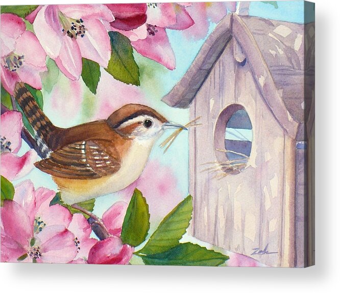 Carolina Wren Painting Acrylic Print featuring the painting Carolina Wren in Springtime by Janet Zeh