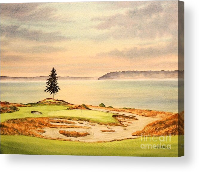 Chambers Bay Golf Course Acrylic Print featuring the painting Chambers Bay Golf Course Hole 15 by Bill Holkham
