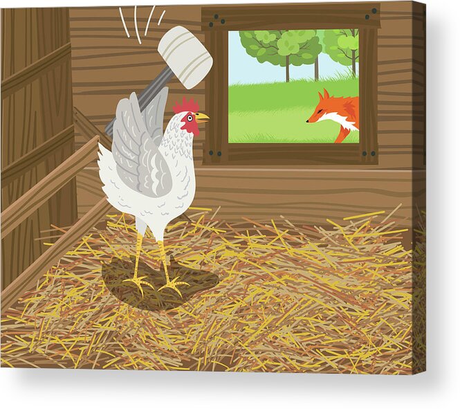Hiding Acrylic Print featuring the digital art Chicken With A Mallet Waits For A Fox by Diane Labombarbe