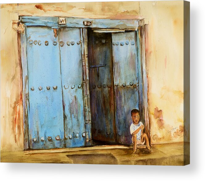 Doorway Acrylic Print featuring the painting Child sitting in old Zanzibar doorway by Sher Nasser
