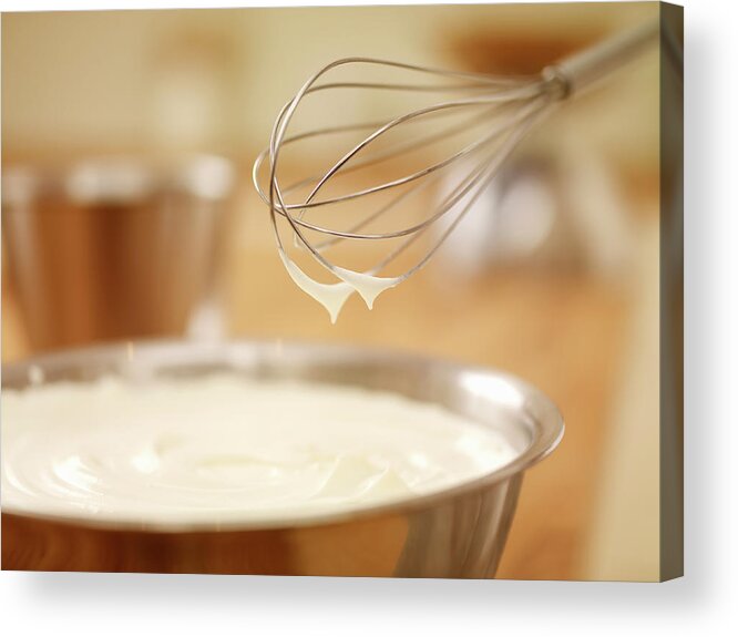 Batter Acrylic Print featuring the photograph Close Up Of Wire Whisk Over Bowl Of by Adam Gault