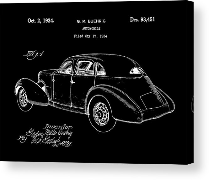 Cord Acrylic Print featuring the digital art Cord Automobile Patent 1934 - Black by Stephen Younts