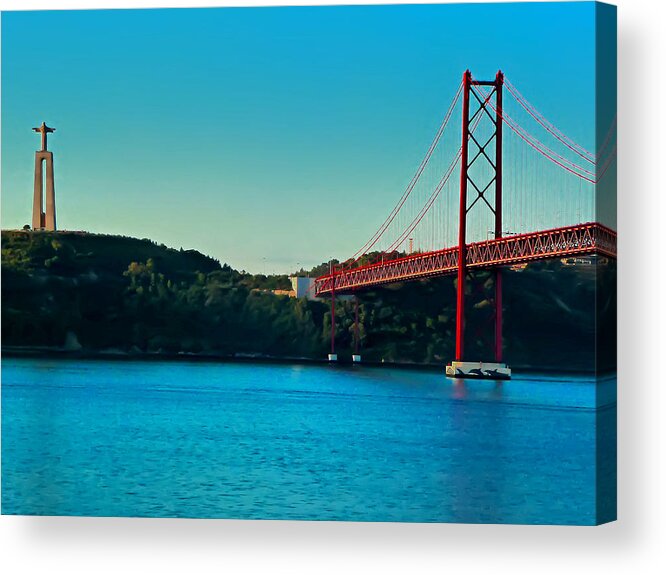 Lisbon Acrylic Print featuring the photograph Cristo Rei and the 25 de Abril Bridge by Mitchell R Grosky