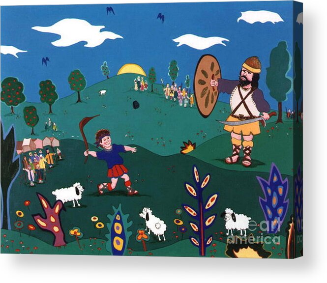 Biblical Acrylic Print featuring the painting David and Goliath by Joyce Gebauer
