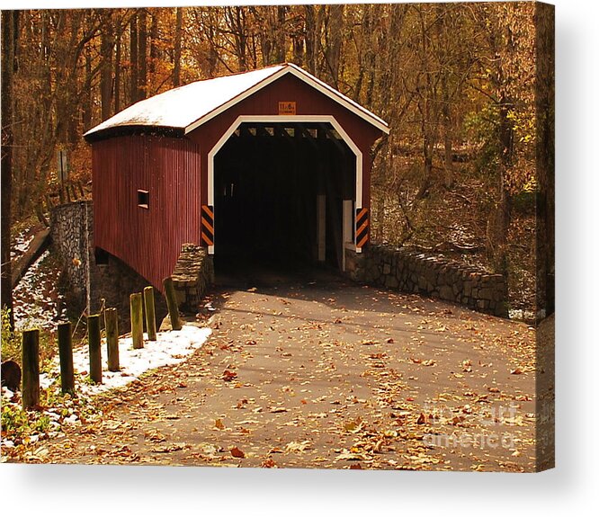 Snow Acrylic Print featuring the photograph Early Snowfall On Wooden Covered Bridge by Bob Sample