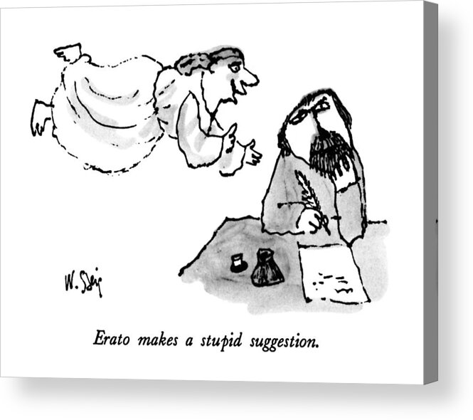 Erato Makes A Stupid Suggestion.

Erato Makes A Stupid Suggestion.: Title. The Lyric Muse Floats Over The Head Of A Poet At His Desk. 
Writers Acrylic Print featuring the drawing Erato Makes A Stupid Suggestion by William Steig