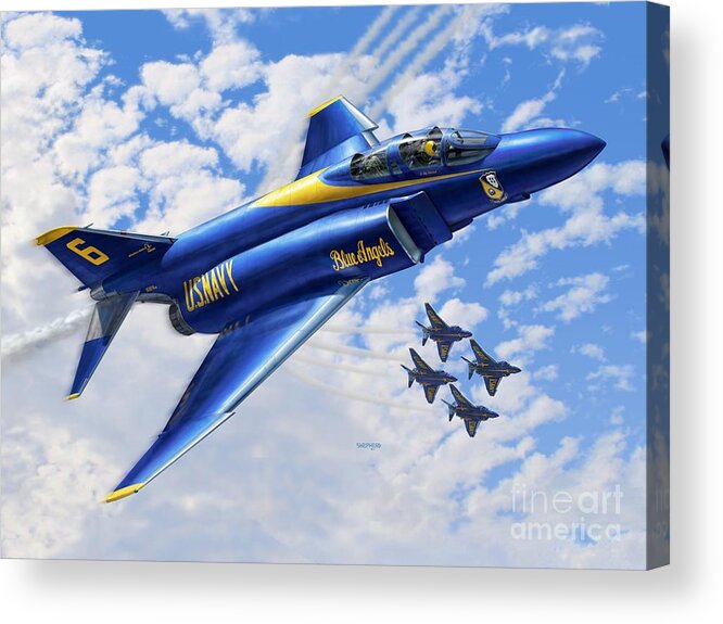 F-4 Acrylic Print featuring the digital art F-4 Phantoms in Blue by Stu Shepherd