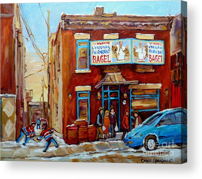 Montreal Acrylic Print featuring the painting Fairmount Bagel In Winter Montreal City Scene by Carole Spandau