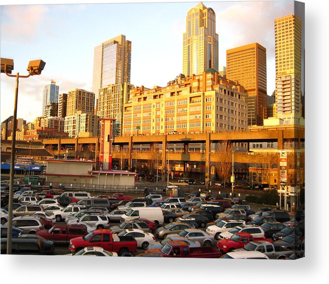 Seattle Acrylic Print featuring the photograph Ferry Lines At Sunset by David Trotter