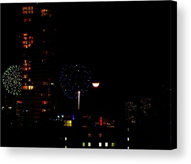 Fireworks Acrylic Print featuring the photograph Fireworks Over Miami Moon II by Culture Cruxxx