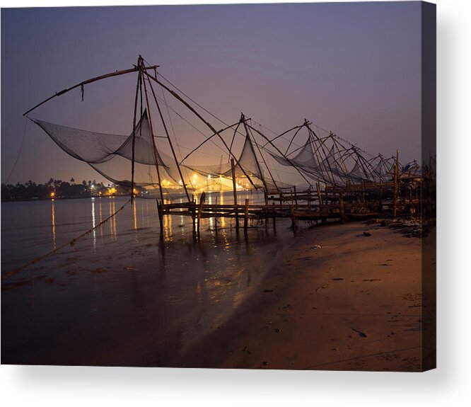 Boat Acrylic Print featuring the photograph Fishing Boat And Crane At Cochin by David H. Wells
