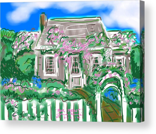 A Cape Cod Style Rose Covered Cottage. Acrylic Print featuring the painting For Rent by Jean Pacheco Ravinski
