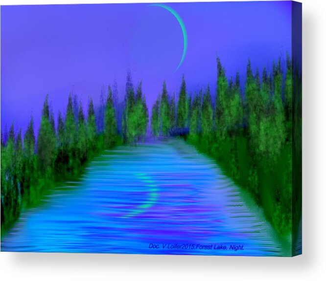 Night Forest Lake Moon Trees Water Sky Silence Reflection Acrylic Print featuring the digital art Forest Lake. Night. by Dr Loifer Vladimir