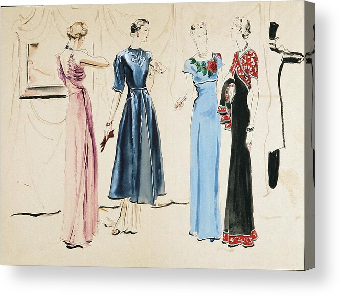 Fashion Acrylic Print featuring the digital art Four Models In Dresses By Alix by Rene Bouet-Willaumez
