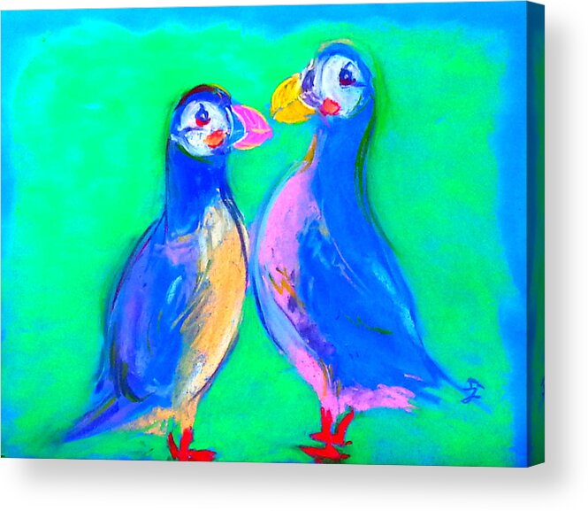 Art Acrylic Print featuring the painting Funky Puffins Gossip Session by Sue Jacobi