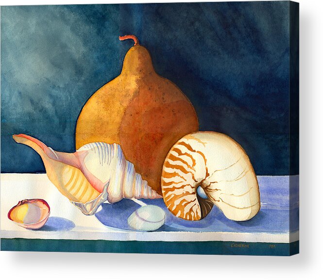Seashells Acrylic Print featuring the painting Gourd and Shells by Katherine Miller