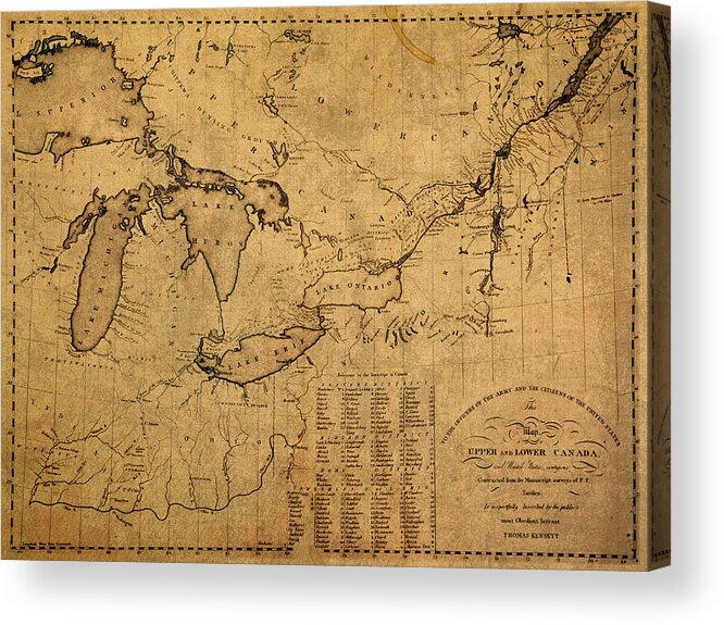 Great Lakes Acrylic Print featuring the mixed media Great Lakes and Canada Vintage Map on Worn Canvas Circa 1812 by Design Turnpike
