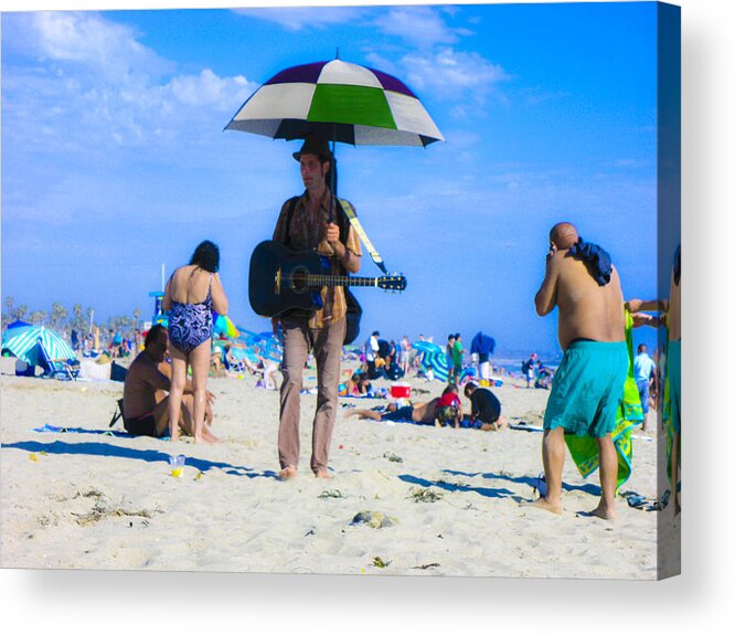 Rebecca Dru Photography Acrylic Print featuring the photograph Guitar Man with Umbrella by Rebecca Dru
