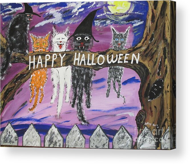 Cat Art Acrylic Print featuring the painting Halloween Scaredy Cats Painting by Jeffrey Koss