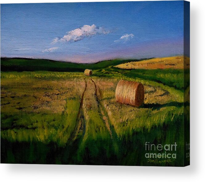 Farm Acrylic Print featuring the painting Hay Rolls on the Field by Christopher Shellhammer