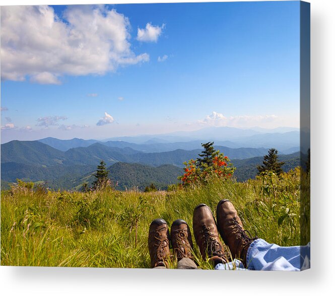 Hikers Acrylic Print featuring the photograph Hikers with a View on Round Bald near Roan Mountain by Melinda Fawver