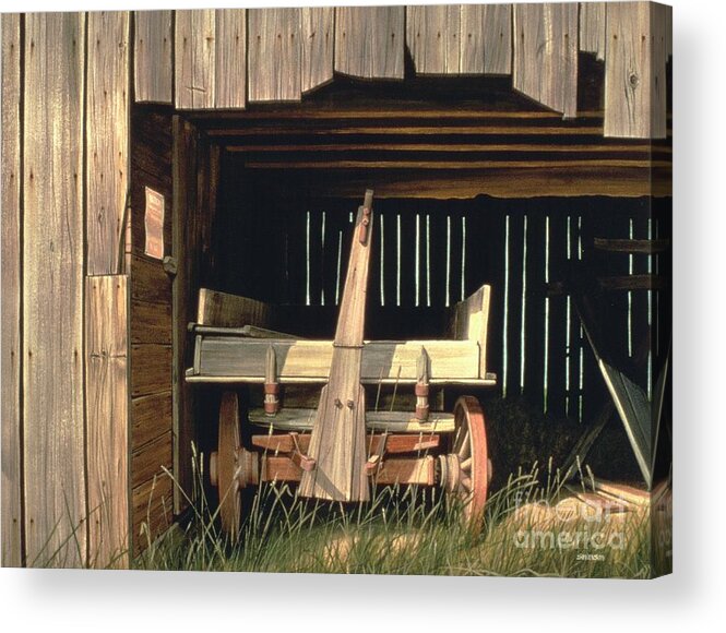 Wagon In A Barn Acrylic Print featuring the painting Misner's Wagon by Michael Swanson