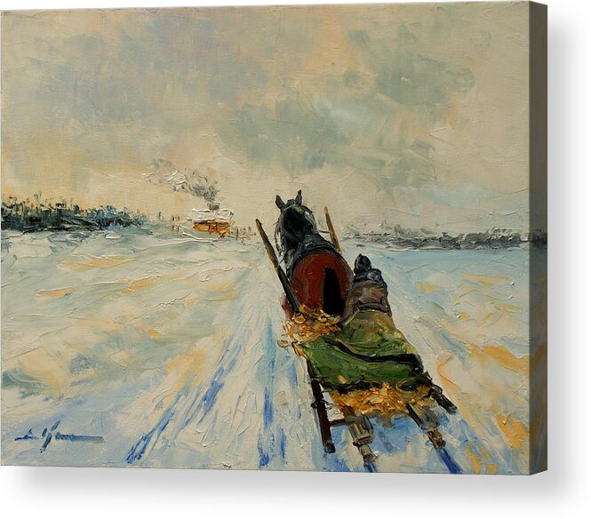 Sleigh Acrylic Print featuring the painting Horse with sleigh by Luke Karcz