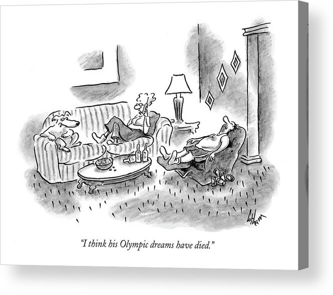 Sports Problems Olympics Incompetents

(woman Talking On Phone About Her Husband Asleep In A Recliner.) 119038 Fco Frank Cotham Sumnerperm Acrylic Print featuring the drawing I Think His Olympic Dreams Have Died by Frank Cotham