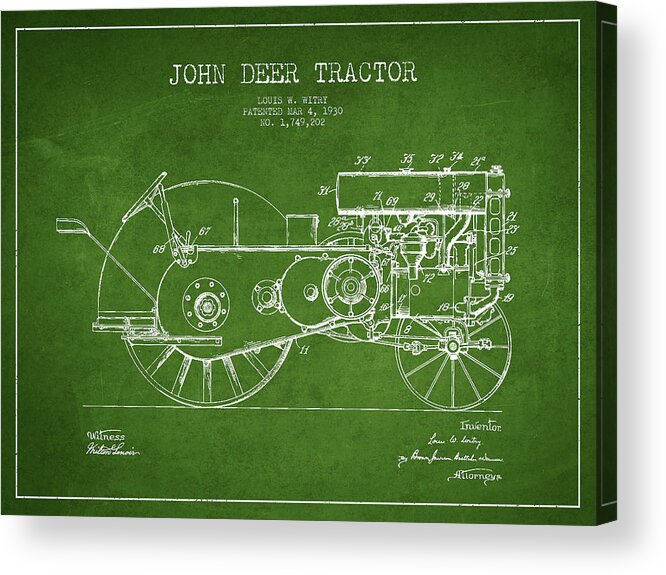 Tractor Acrylic Print featuring the digital art John Deer Tractor Patent drawing from 1930 - Green by Aged Pixel