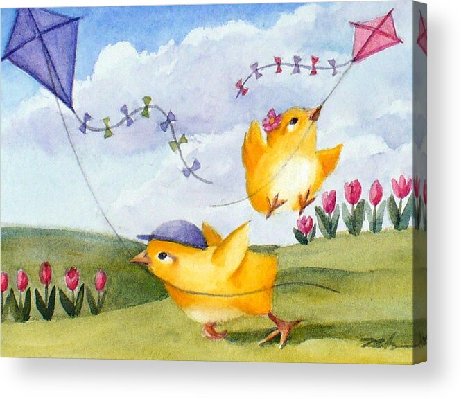 Baby Chicks Print Acrylic Print featuring the painting Kites in March by Janet Zeh