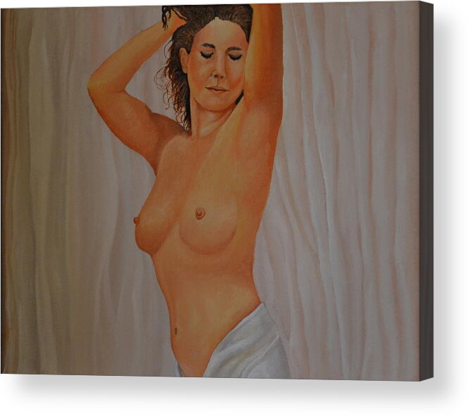 This Is An Oil Painting Of A Nude Woman In A Satin Sheet. I Also Used A Satin Sheet For The Background In This Painting. This Is A Painting From A Model In This Type Of Pose. I Used A Brighter Flesh Tone So The Female Would Stand Out In This Painting. I Painted Her Eyes Closed To Show A Calm Expression. The Size Of This Painting Is 11x14 Inches Without A Frame. Acrylic Print featuring the painting Nude in Satin by Martin Schmidt